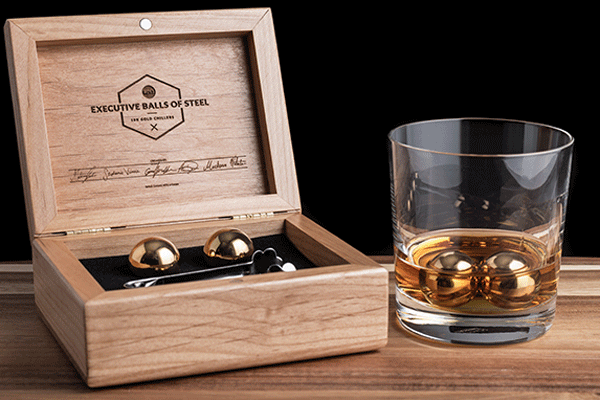 BOS Drinkware's executive set of gold Balls of Steel drink chillers